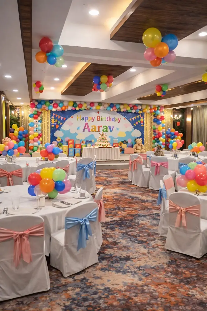 Birthday party hall stage decoration with floral backdrop in Singasandra