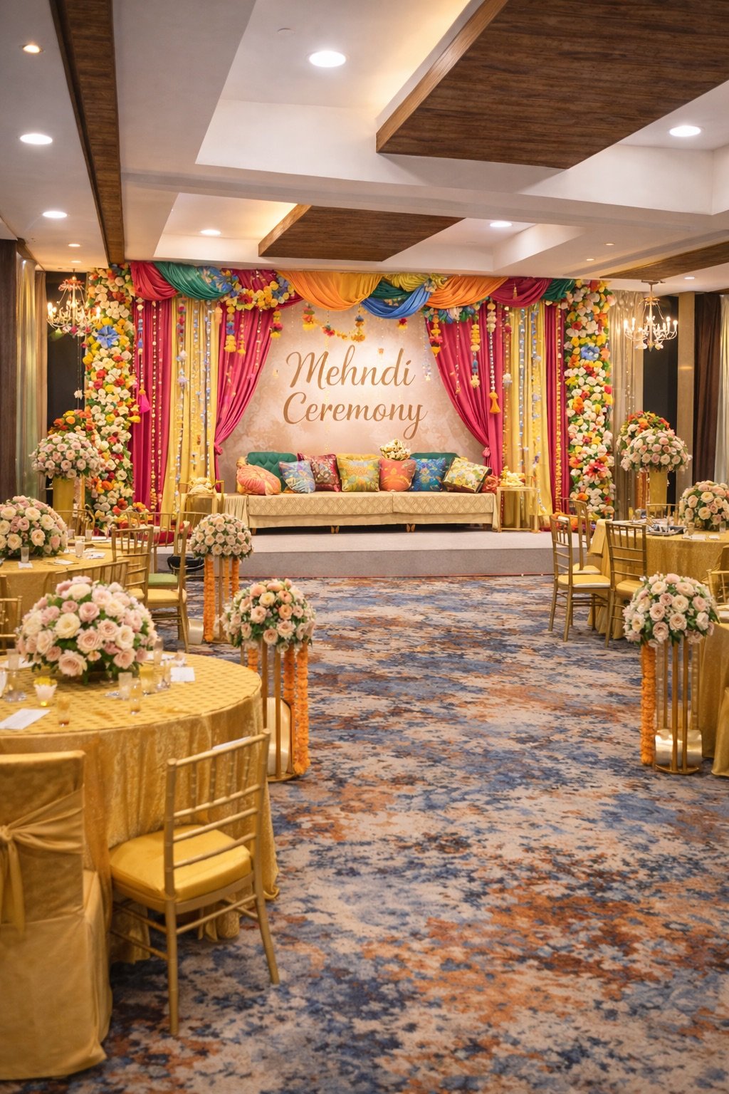 A banquet hall set for a corporate conference, with a blue presentation screen and lectern on stage and rows of skirted tables laid with water and notepads