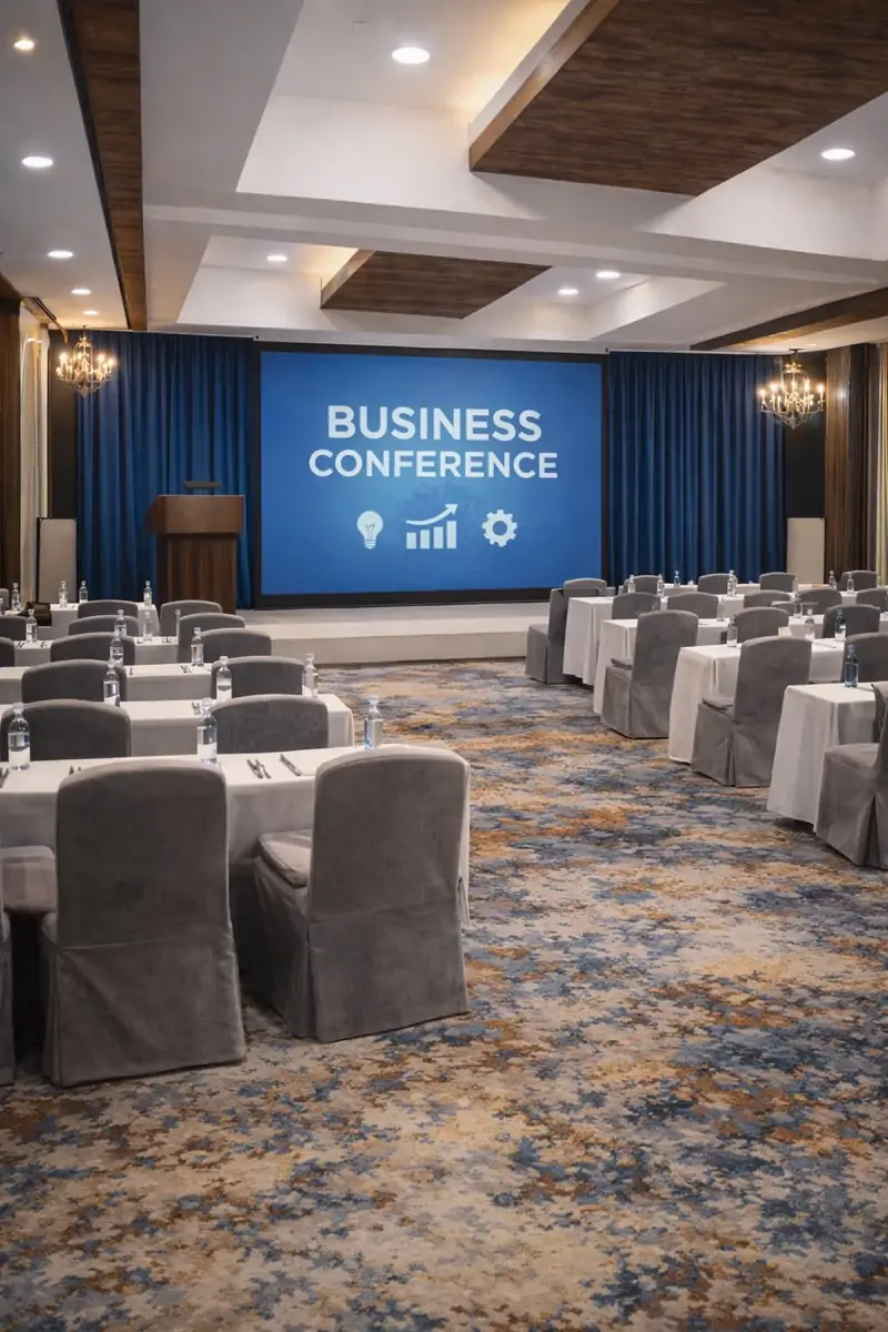 Corporate event hall with theatre seating and AV stage in Singasandra