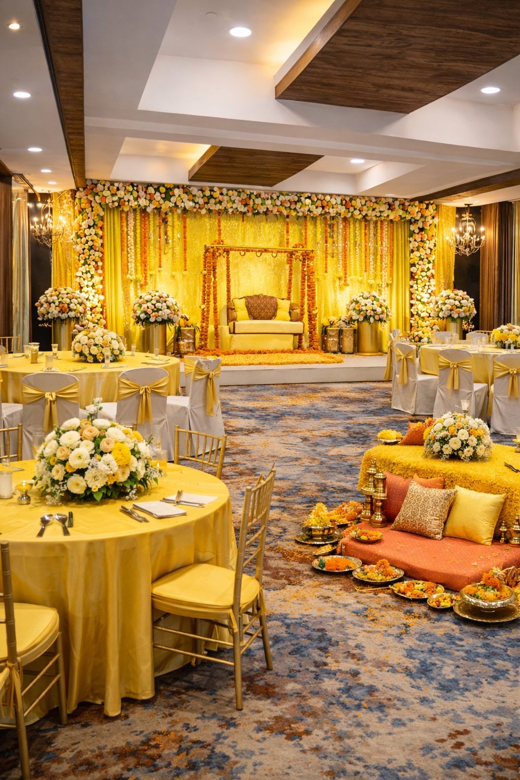 A haldi ceremony set in yellow and marigold, with a decorated swing seat on the stage and low seating laid with brass thalis