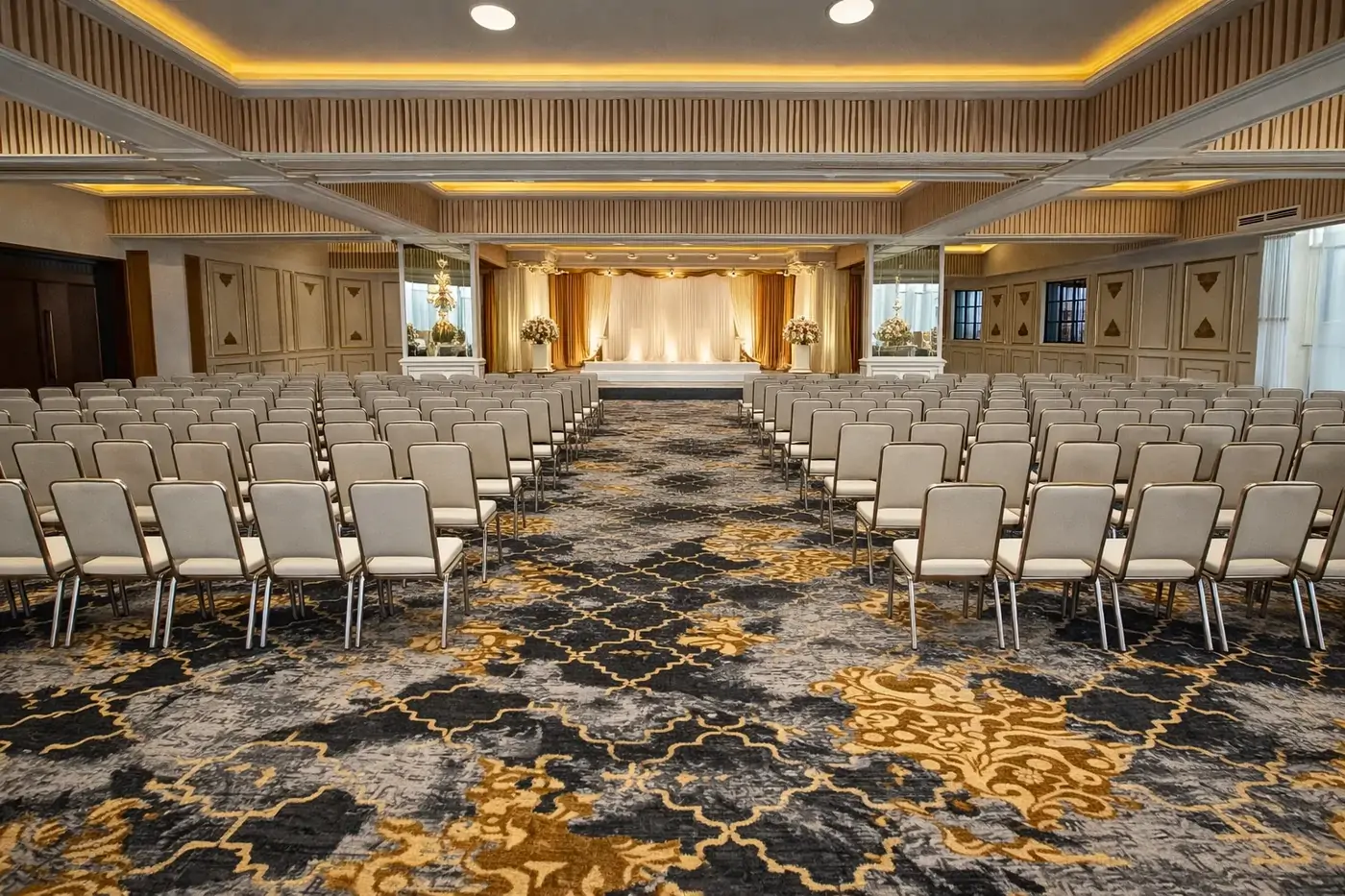 Banquet hall reception setup in Yelahanka, Bangalore — long tables with floral centrepieces