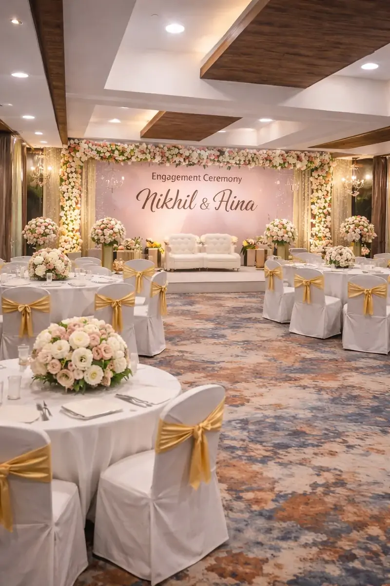 Illustrative combined engagement and reception hall in Bangalore with stage and cake-cutting platform (Bommanahalli mid-size format) — stock reference