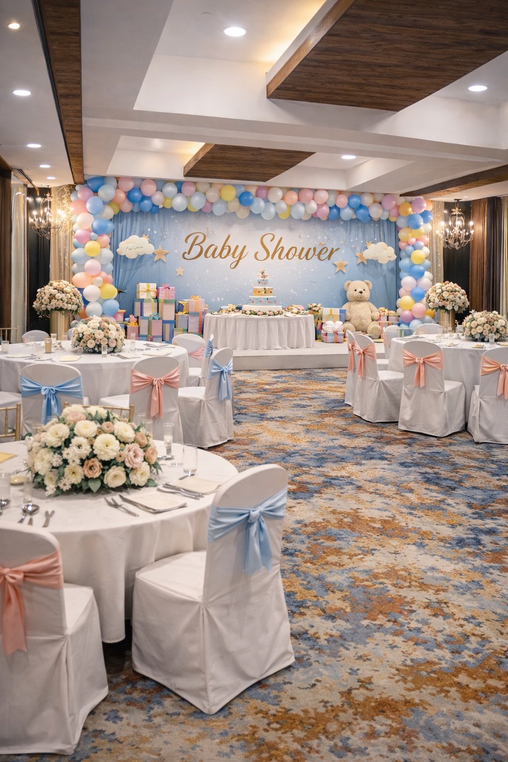 A mehndi ceremony set-up with a cushioned sofa beneath multicoloured drapes and floral garlands, round tables in gold laid in front