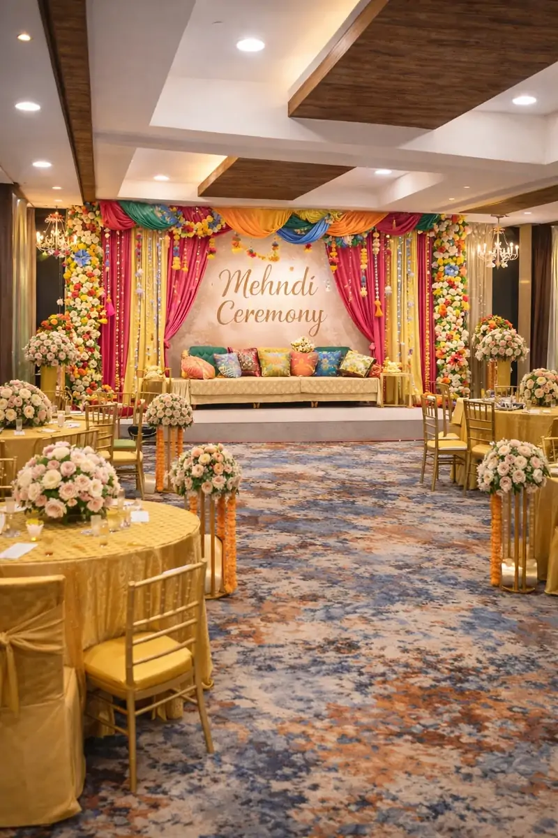 Illustrative engagement reception dining setup for 200 guests with round tables in Bangalore — stock reference