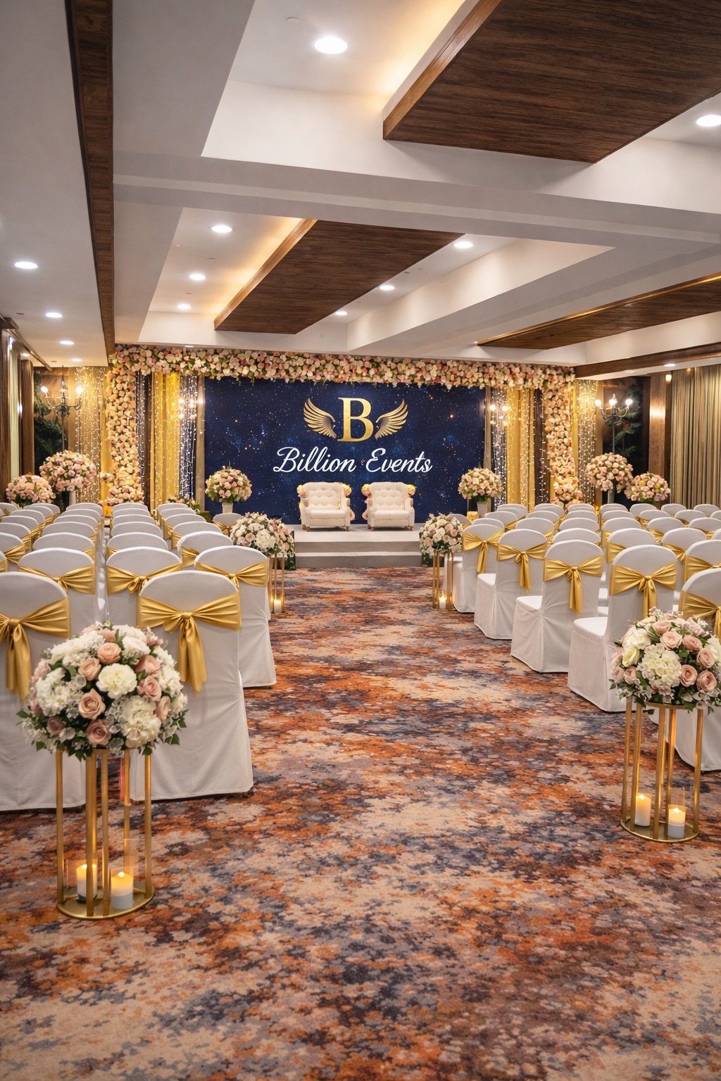 A reception stage framed by floral garlands and fairy lights, with two upholstered chairs, and rows of white chair covers tied with gold sashes