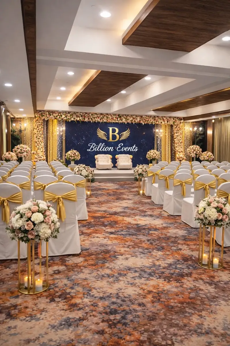 Banquet stage with floral backdrop for a Airport Road reception
