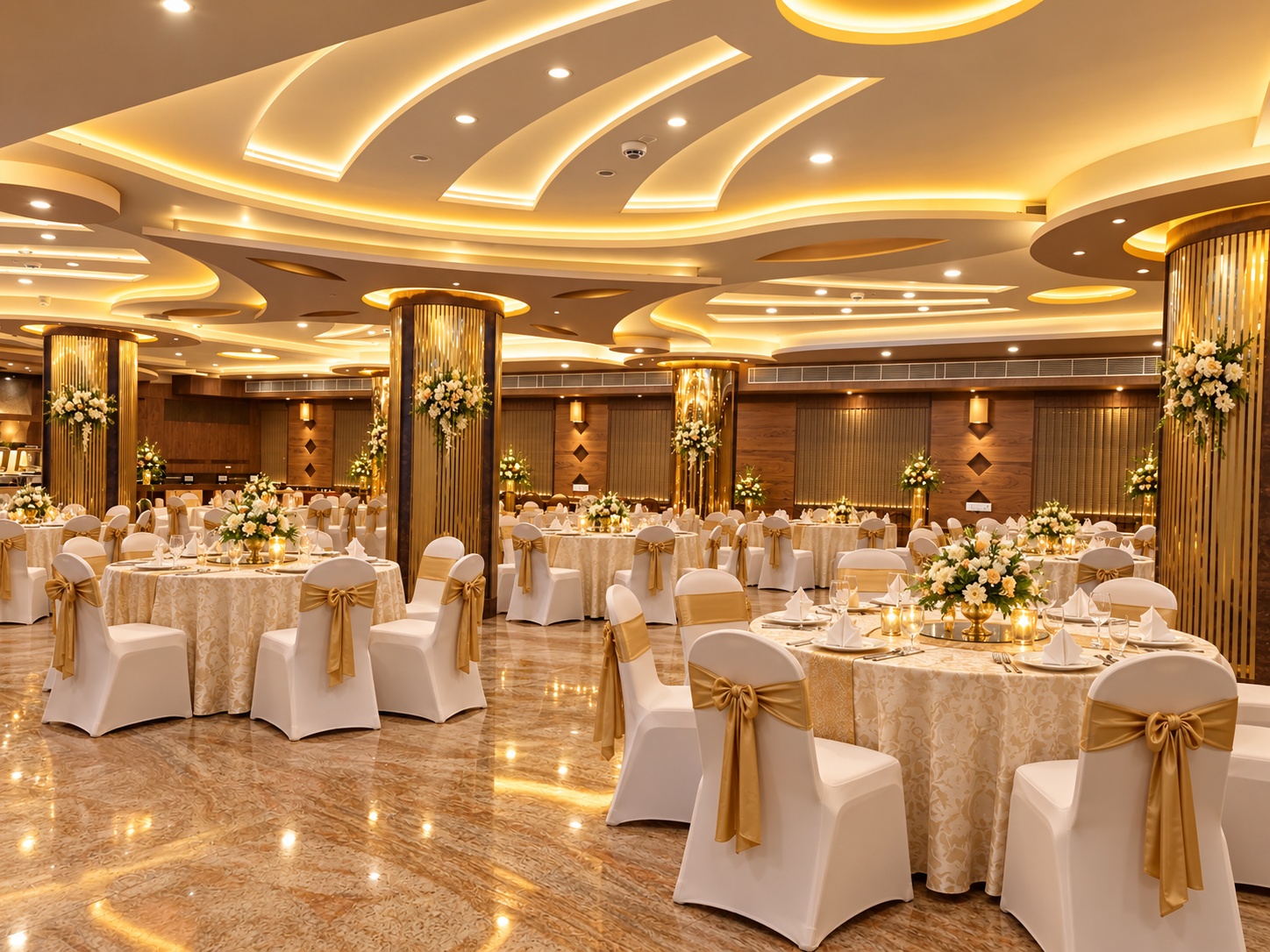Décor concept at Veloria Grand Banashankari: ivory round tables, gold-sash chairs and white floral centrepieces under warm gold lighting