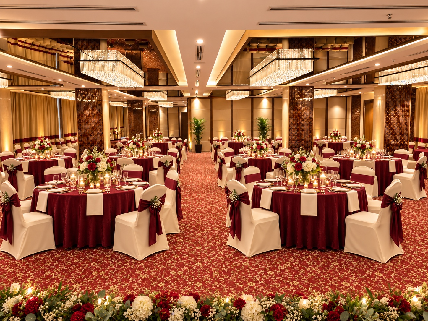 Décor concept at Veloria Grand Bellandur: burgundy round tables, ivory chair covers, floral centrepieces and crystal chandeliers
