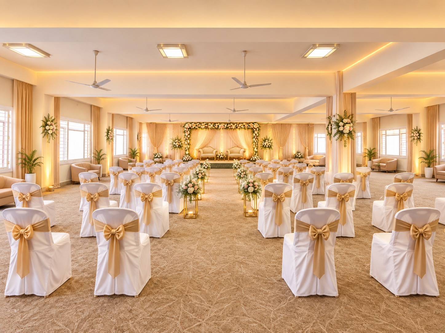 Décor concept at Veloria Grand HSR Layout: daylight ceremony seating with champagne-gold sashes, a floral aisle and a sofa stage