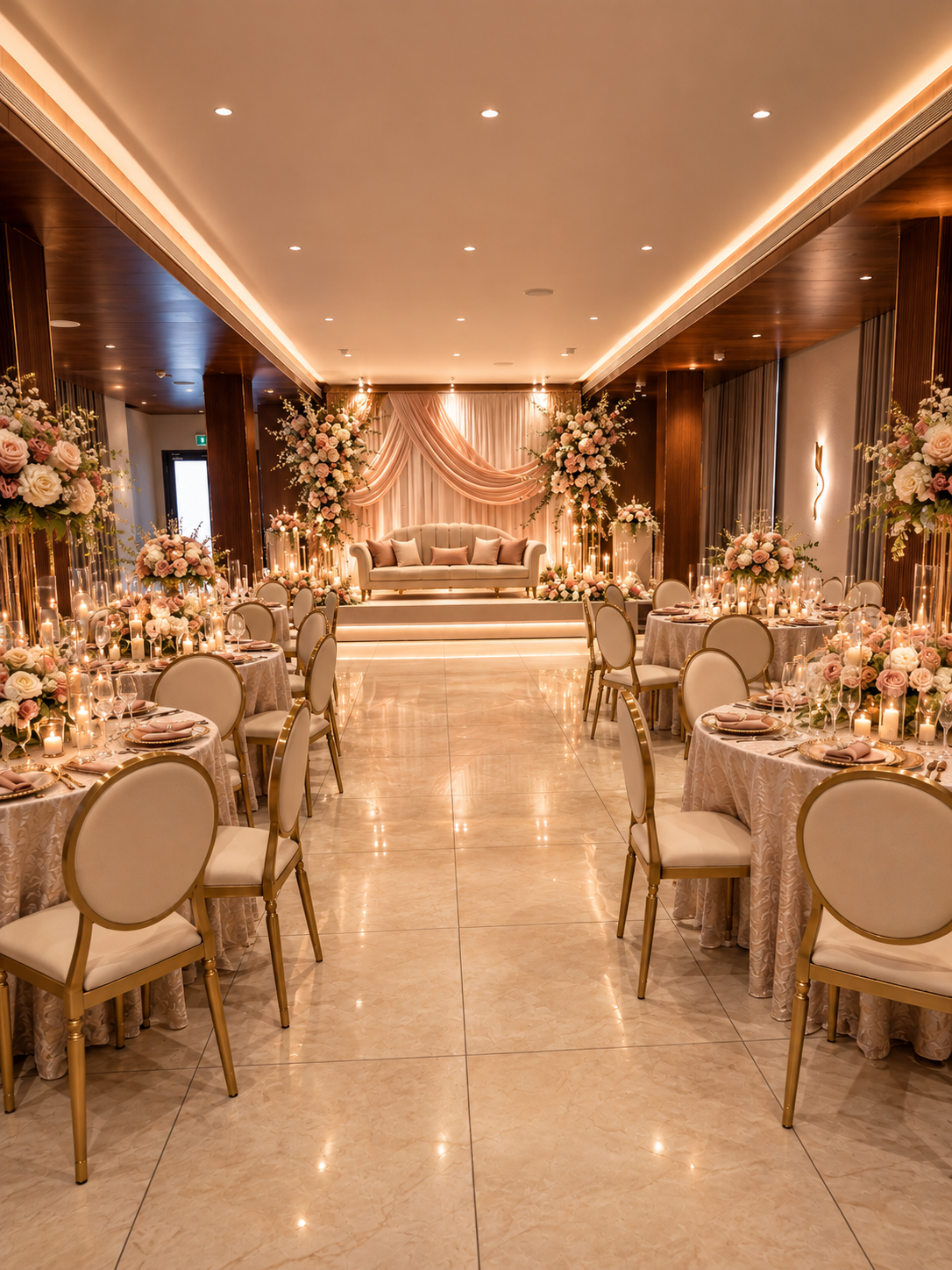 Décor concept at Veloria Grand Indiranagar: blush rose centrepieces, candlelit tables and gold chairs facing a draped sofa stage
