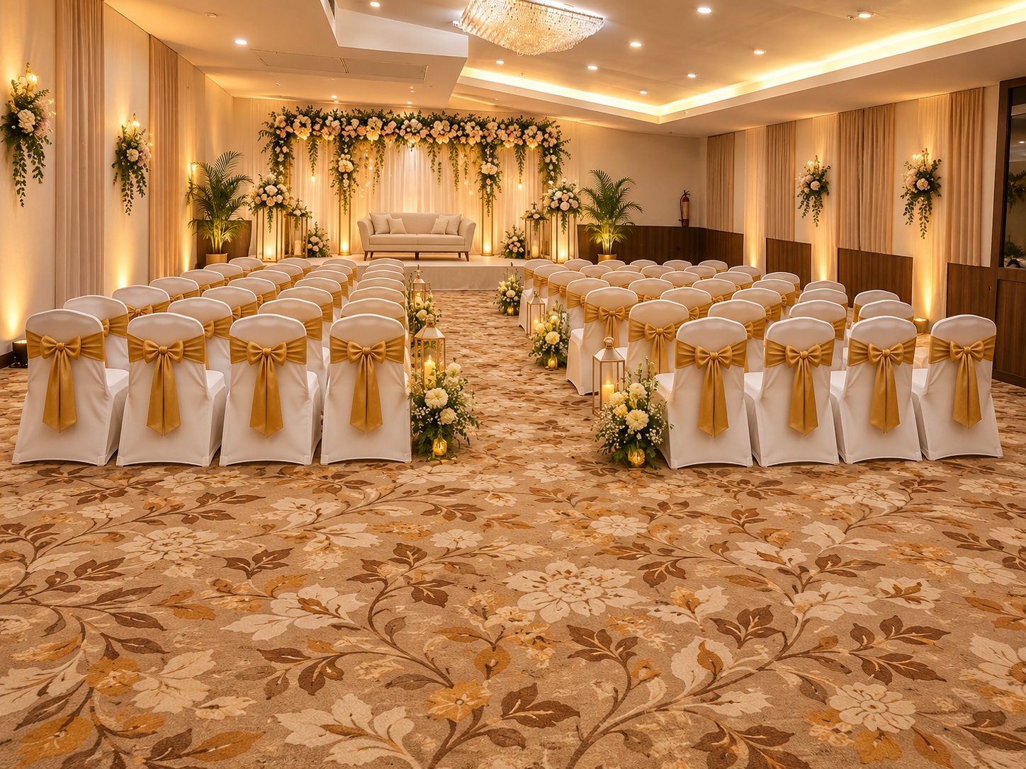 Décor concept at Veloria Grand JP Nagar: gold-sash chair rows either side of a lantern-lit aisle, leading to a floral arch and sofa stage