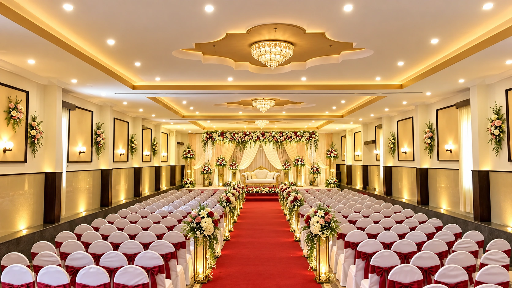 Décor concept at Veloria Grand KR Puram: red-carpet aisle lined with florals between white chair rows, leading to a draped stage