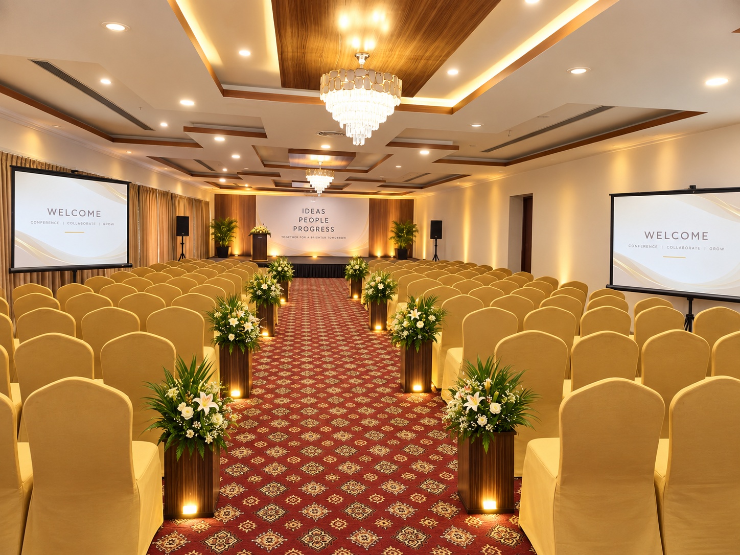 Décor concept at Veloria Grand Marathahalli: theatre-style seating, floral aisle planters, twin welcome screens and a conference stage