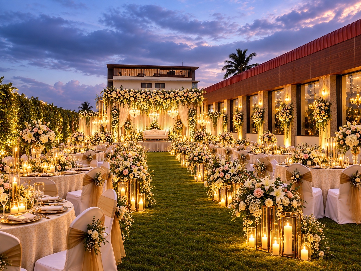 Décor concept at Veloria Grand Yelahanka: outdoor-style evening reception with a lantern-lit floral aisle, candlelit tables and a floral stage